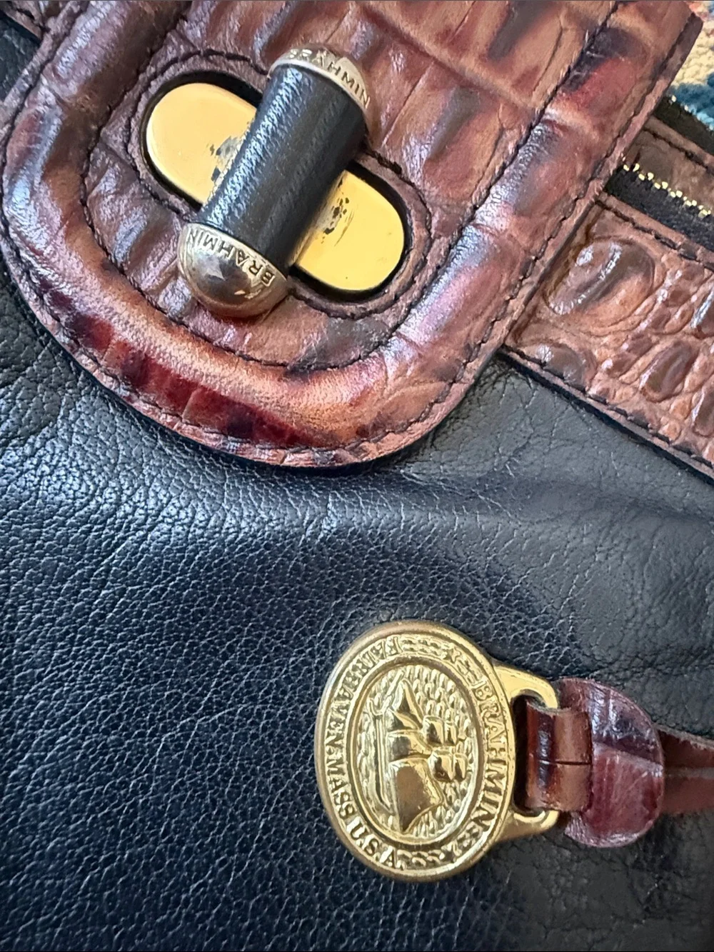 Brahmin Black Leather Crossbody with Brown Croc-Embossed Trim